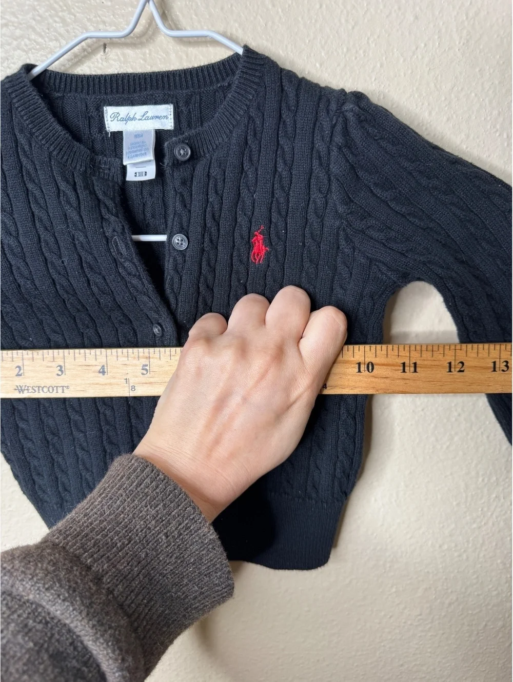 Ralph Lauren Unisex Baby 18M Black Cotton Cable Knit Cardigan Red Pony